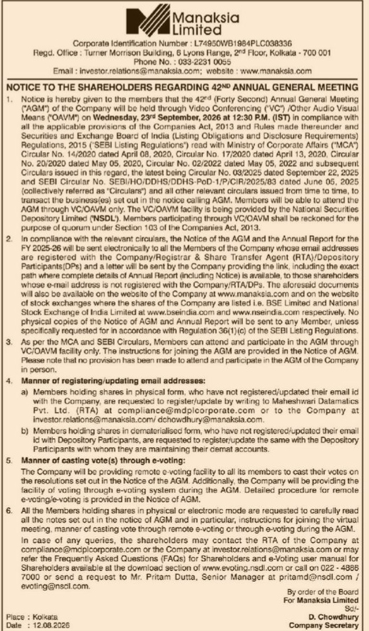 Notice of 42nd Annual General Meeting - Manaksia Limited