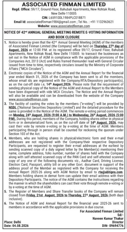 Notice of 42nd Annual General Meeting of Associated Finman Limited