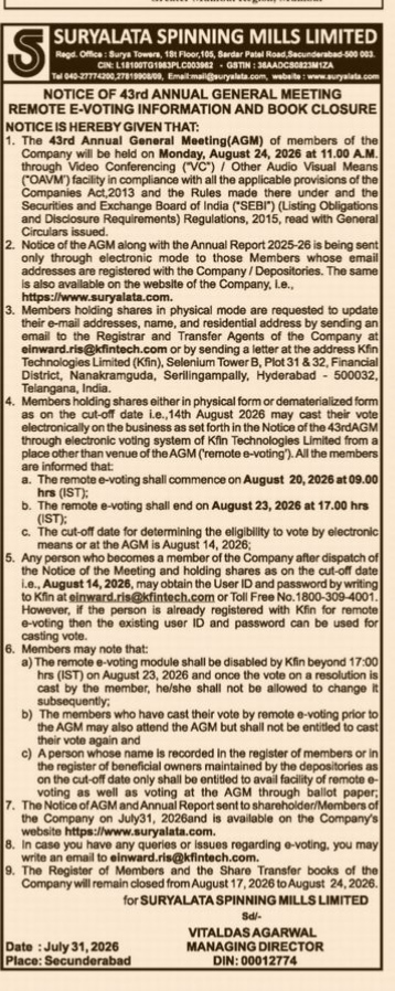Notice of 43rd AGM and Remote E-Voting Information