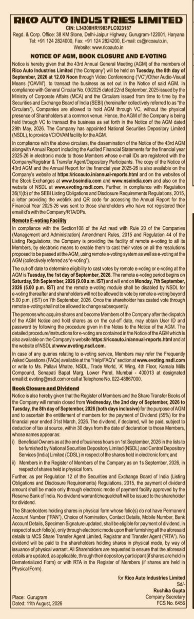 Notice of 43rd Annual General Meeting (AGM), Book Closure, and Remote E-Voting for Rico Auto Industries Limited