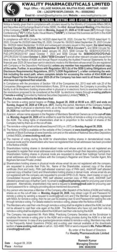 Notice of 43rd Annual General Meeting and E-Voting Information