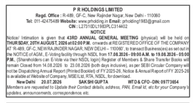 Notice of 43rd Annual General Meeting of P R Holdings Limited