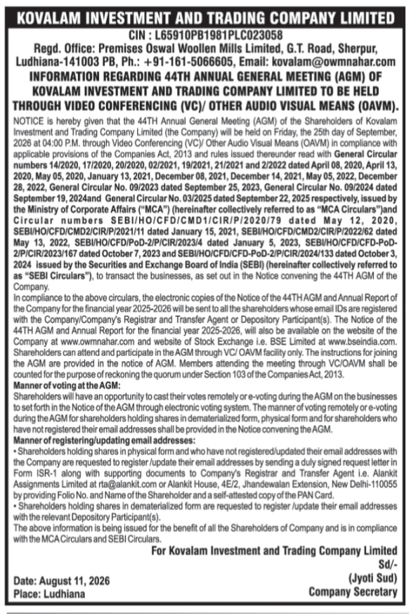 Notice of 44th Annual General Meeting of Kovalam Investment and Trading Company Limited