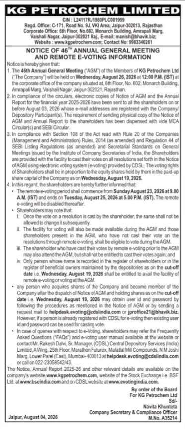 Notice of 46th Annual General Meeting and Remote E-Voting Information