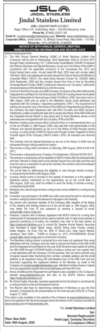 Notice of 46th Annual General Meeting, Remote E-Voting Information and Record Date of Jindal Stainless Limited
