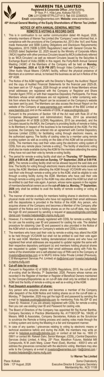 Notice of 49th Annual General Meeting of Warren Tea Limited