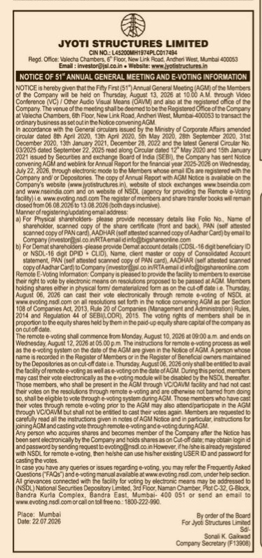 Notice of 51st Annual General Meeting and E-Voting Information