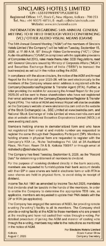 Notice of 54th Annual General Meeting of Sinclairs Hotels Limited