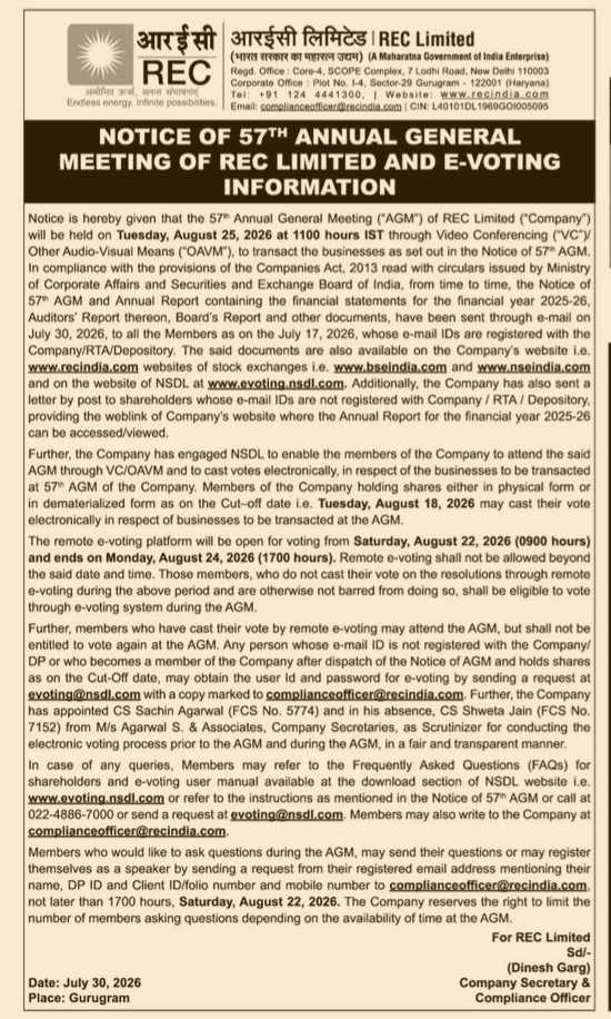 Notice of 57th Annual General Meeting and E-Voting Information of REC Limited