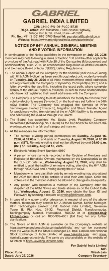 Notice of 64th Annual General Meeting and E-Voting Information - Gabriel India Limited