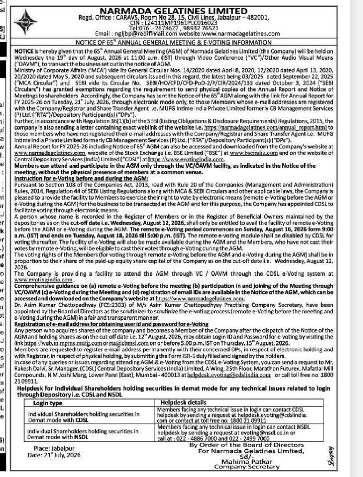 Notice of 65th Annual General Meeting & E-Voting Information
