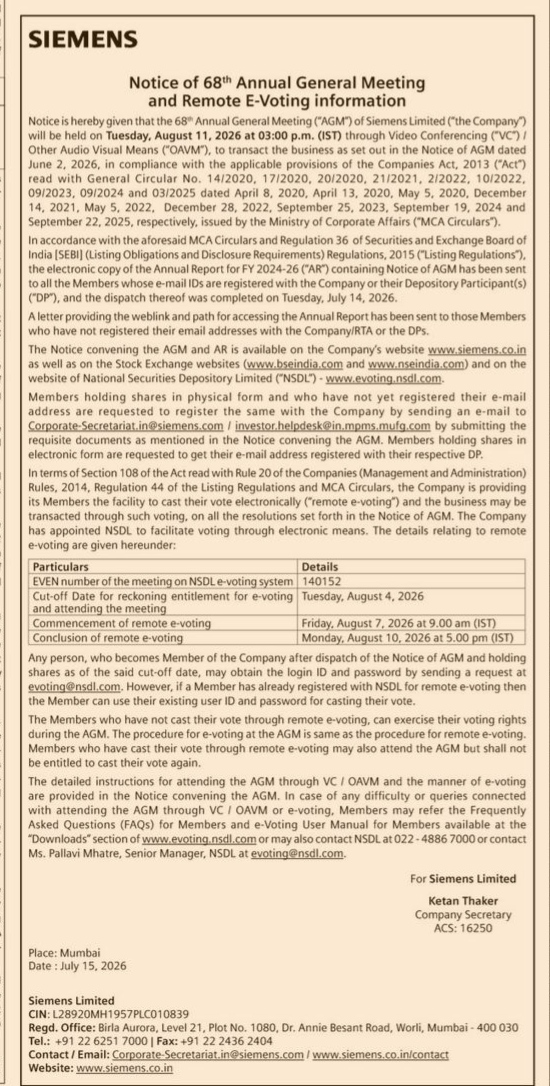 NOTICE OF 68TH ANNUAL GENERAL MEETING OF SIEMENS LIMITED