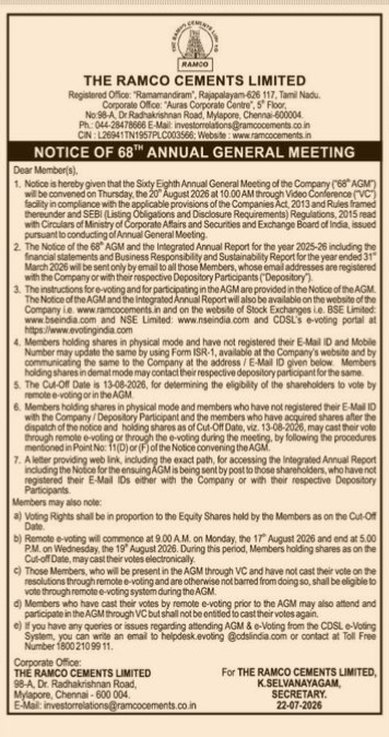 Notice of 68th Annual General Meeting of The Ramco Cements Limited