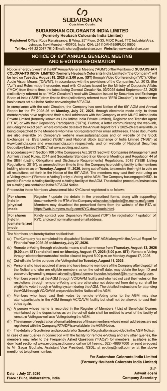 Notice of 69th Annual General Meeting and E-Voting Information