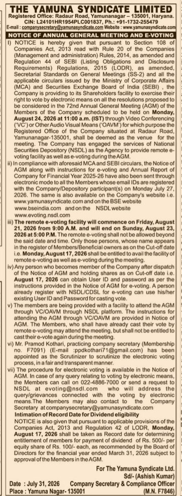 Notice of 72nd Annual General Meeting and E-Voting