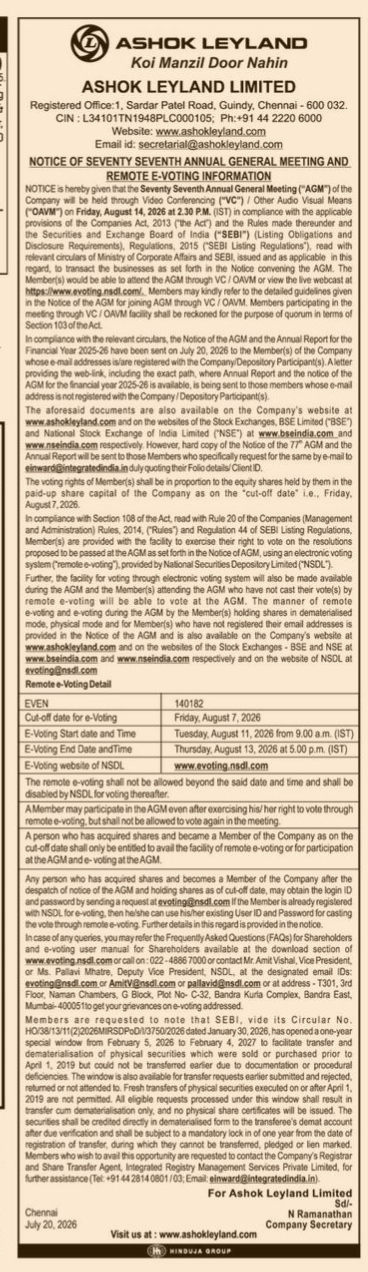 Notice of 77th Annual General Meeting and Remote E-Voting Information — Ashok Leyland Limited