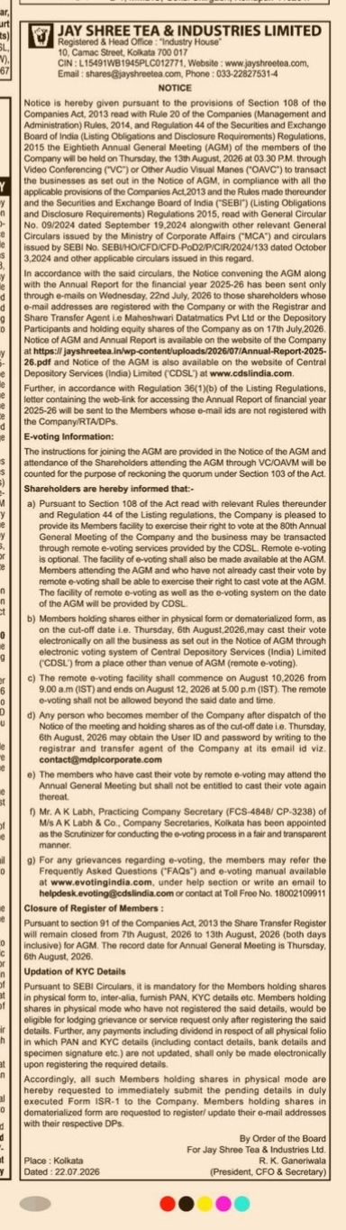 Notice of 80th Annual General Meeting and E-Voting Information