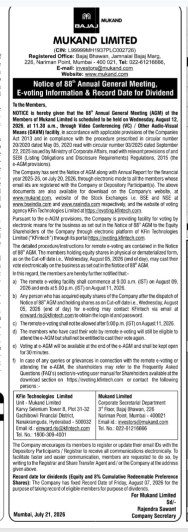 Notice of 88th Annual General Meeting of Mukand Limited