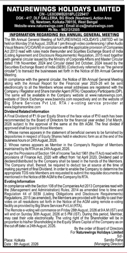 Notice of 8th Annual General Meeting of Naturewings Holidays Limited