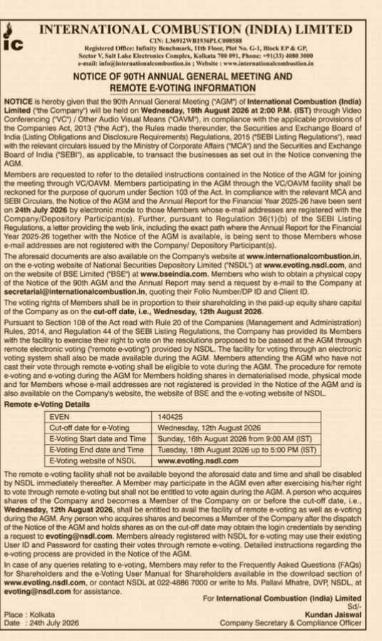 Notice of 90th Annual General Meeting and Remote E-Voting Information for International Combustion (India) Limited