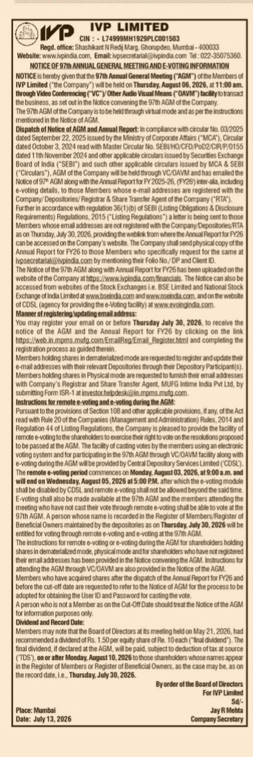 Notice of 97th Annual General Meeting and E-voting Information for IVP Limited