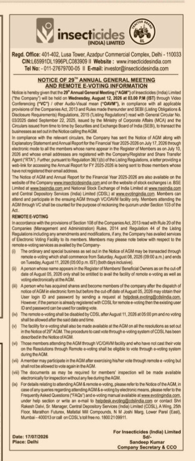 NOTICE OF AGM FOR INSECTICIDES LIMITED