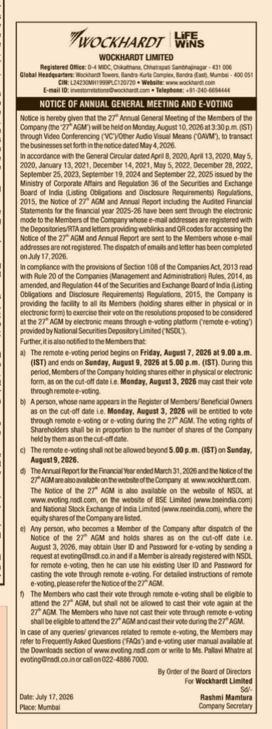NOTICE OF AGM OF WOCKHARDT LIMITED