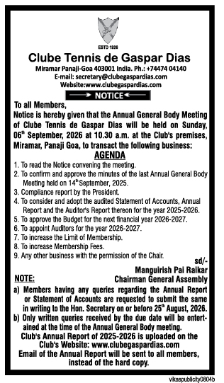 Notice of Annual General Body Meeting - Clube Tennis de Gaspar Dias