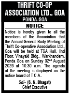 Notice of Annual General Body Meeting - Thrift Co-op Association Ltd., Goa