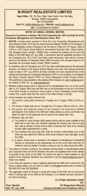 Notice of Annual General Meeting for B-Right Realestate Limited