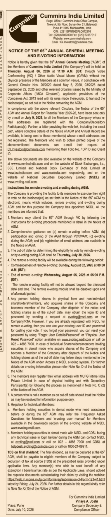 NOTICE OF ANNUAL GENERAL MEETING OF CUMMINS INDIA