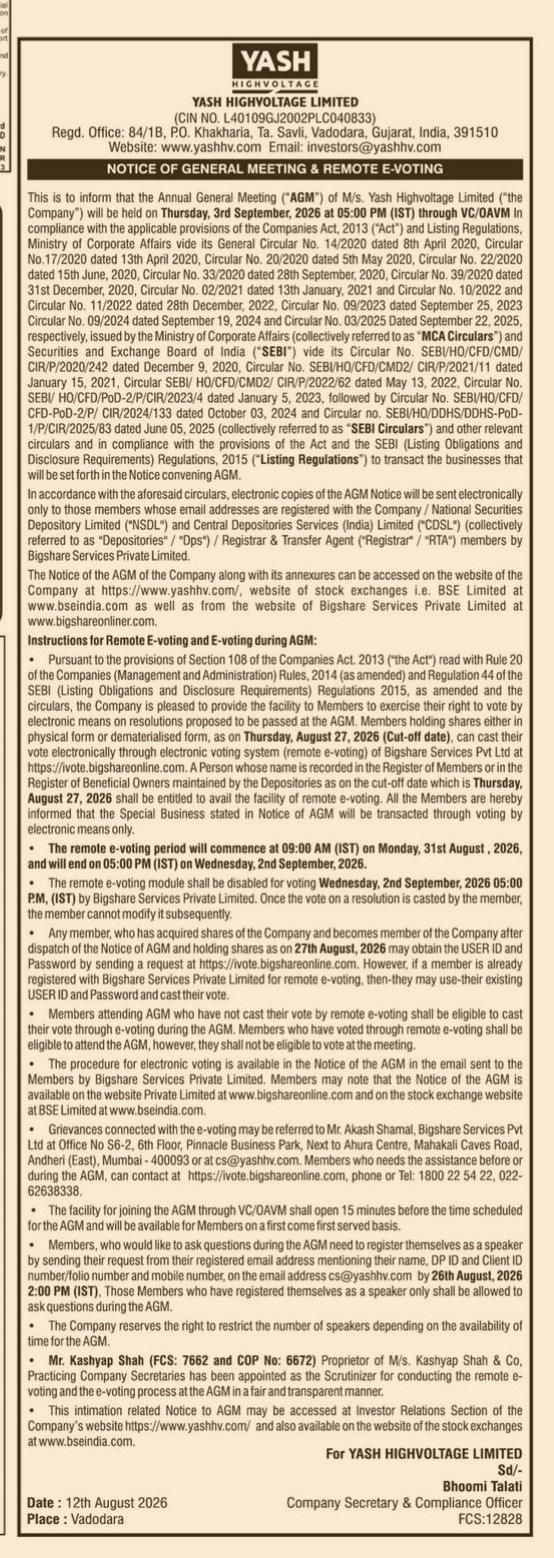 Notice of Annual General Meeting & Remote E-Voting (Yash Highvoltage Limited)