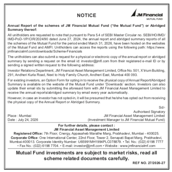 Notice of Availability of Annual Report and Abridged Summary for JM Financial Mutual Fund Schemes
