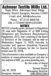 Notice of Board Meeting for Ashnoor Textile Mills Ltd.