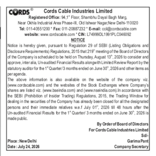 Notice of Board Meeting for Financial Results