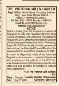Notice of Board Meeting for The Victoria Mills Limited