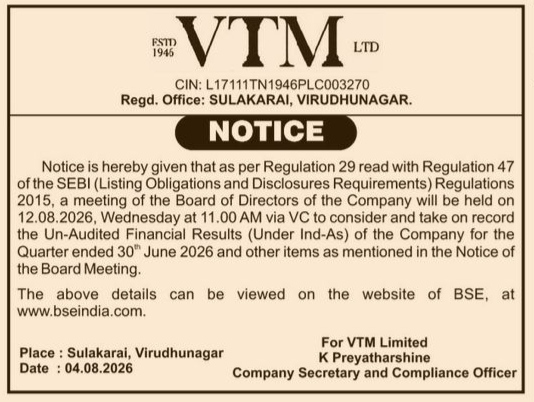 Notice of Board Meeting for VTM Limited.