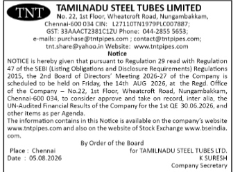 Notice of Board of Directors' Meeting for Tamilnadu Steel Tubes Limited.