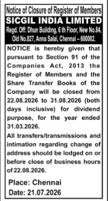 Notice of Closure of Register of Members for Dividend Purpose - Sicgil India Limited