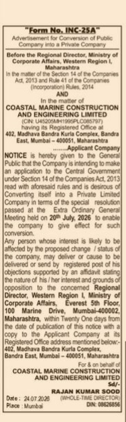 Notice of Company Conversion: Public to Private