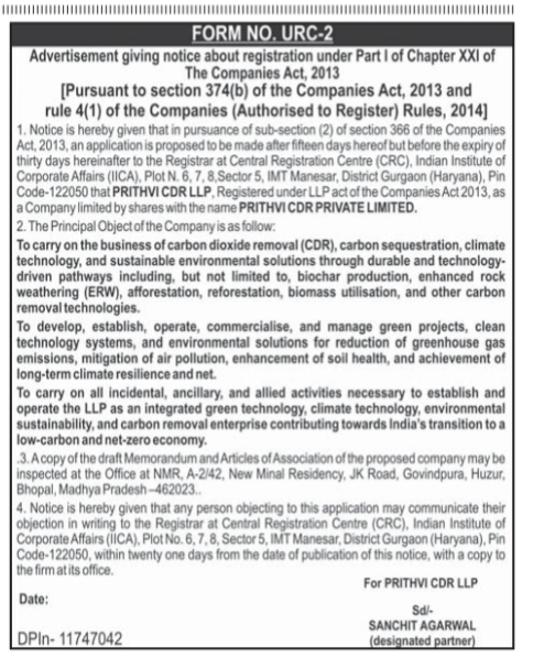 Notice of Conversion: PRITHVI CDR LLP to PRITHVI CDR PRIVATE LIMITED