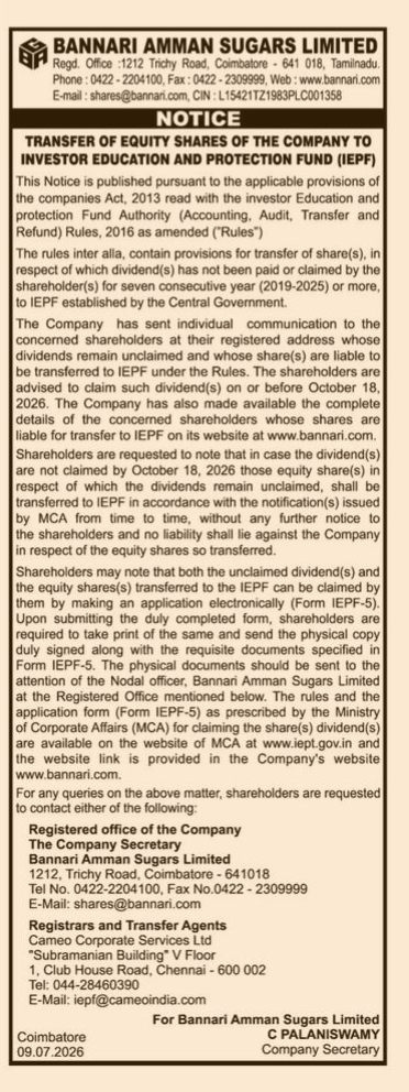NOTICE OF EQUITY SHARE