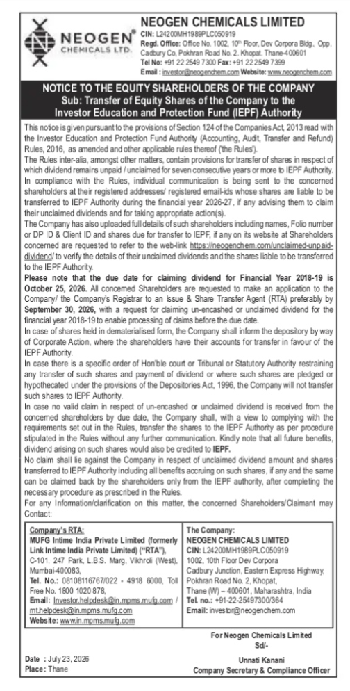 Notice of Equity Shares Transfer to IEPF Authority