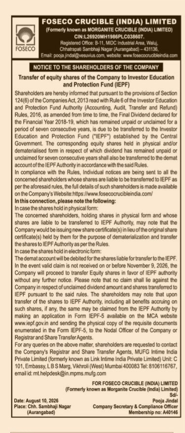 Notice of Equity Shares Transfer to IEPF