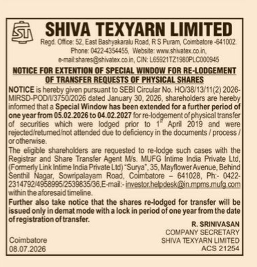 NOTICE OF EXTENSION OF SPECIAL WINDOW RE LODGING PHYSICAL SHARE TRANSFER