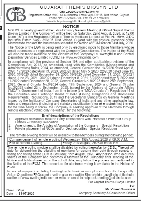Notice of Extra-Ordinary General Meeting (EGM) of Gujarat Themis Biosyn Ltd