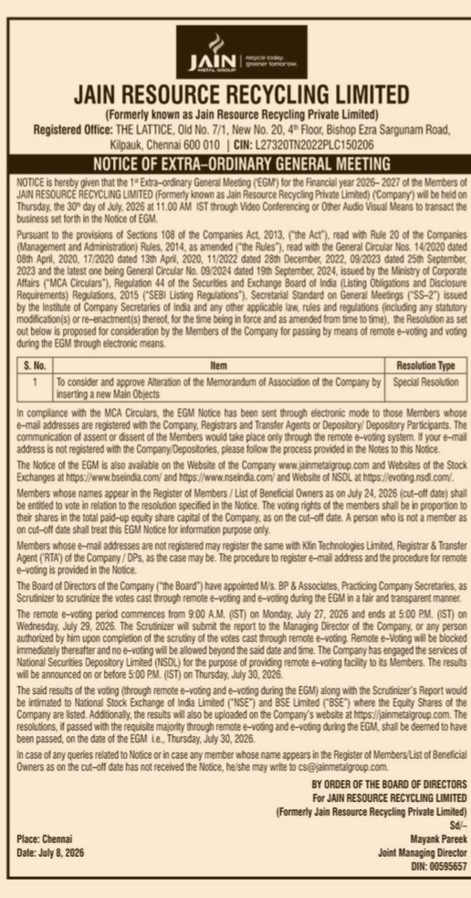 NOTICE OF EXTRA ORDINARY GENERAL MEETING