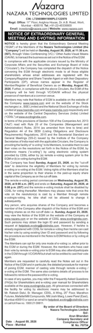 Notice of Extraordinary General Meeting (EGM) – Nazara Technologies Limited