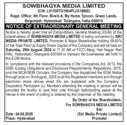 Notice of Extraordinary General Meeting (EGM) - Sowbhagya Media Limited