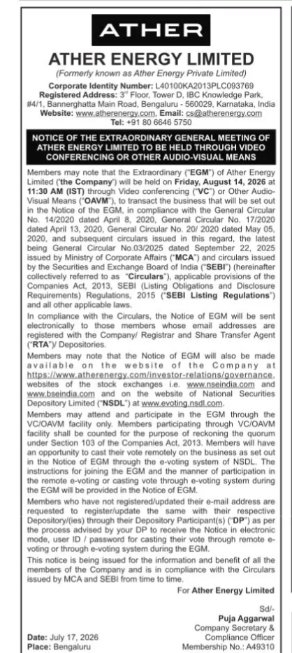 Notice of Extraordinary General Meeting (EGM)- Ather Energy Limited